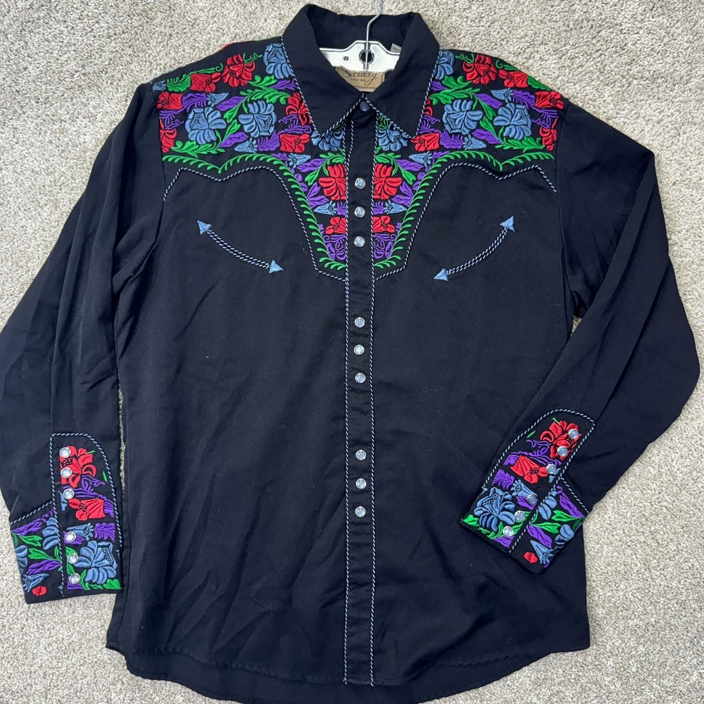 Scully Shirt Mens L P-634C Black Floral Embroidered Western Snap Button EUC